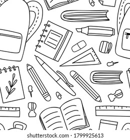 School supplies seamless pattern. Education accessories pencil and pen notebook black line doodle cartoon isolated on white background creative design textile, wrapping paper wallpaper vector texture