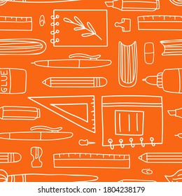 School supplies seamless pattern. Education accessories pencil and pen notebook white line doodle cartoon isolated on orange background creative design textile, wrapping paper wallpaper vector texture