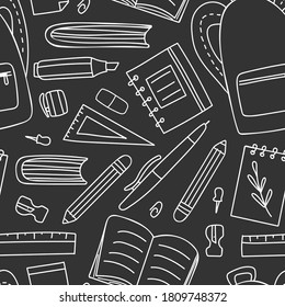 School supplies seamless pattern. Education accessories pencil and pen notebook black line doodle cartoon isolated on white background creative design textile, wrapping paper wallpaper vector texture