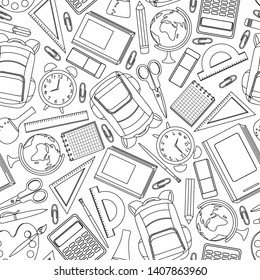 School supplies seamless pattern. Hand drawn stationery on white background. Vector illustration. 