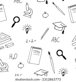 school supplies seamless pattern hand drawn in doodle style.