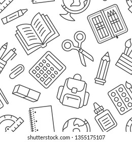 School supplies seamless pattern with line icons. Study tools background - globe, calculator, book, pencil, scissors, notebook vector illustration. Black white wallpaper for stationery sale brochure.