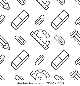 School supplies seamless pattern with line icons. Study tools background - pencil, ruler, eraser, clip vector illustration. Black white wallpaper for stationery sale brochure.