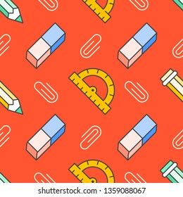 School supplies seamless pattern with line icons. Study tools background - pencil, ruler, eraser, clip vector illustration. Colored wallpaper for stationery sale brochure.