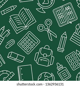 School supplies seamless pattern with line icons. Study tools background - globe, calculator, book, pencil, scissors, notebook vector illustration. Green white wallpaper for stationery sale brochure.