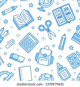 School supplies seamless pattern with line icons. Study tools background - globe, calculator, book, pencil, scissors, notebook vector illustration. Blue white wallpaper for stationery sale brochure.