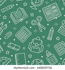School supplies seamless pattern with line icons. Study tools background - globe, calculator, book, pencil, scissors, notebook vector illustration. Green white wallpaper for stationery sale brochure.