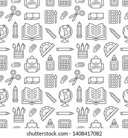 School Supplies Seamless Pattern With Line Icons. Study Tools Background - Globe, Calculator, Book, Pencil, Scissors, Vector Illustration. Black, White Wallpaper For Stationery Sale Brochure.