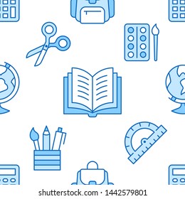 School supplies seamless pattern with line icons. Study tools background - globe, calculator, book, scissors, backpack vector illustration. Blue white wallpaper for stationery sale brochure.