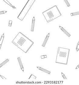  School supplies seamless pattern with line icons. Educational tools on a white background with a black outline - pencil, pen, ruler, colored pencils, notepad, vector illustration. Black and white wal