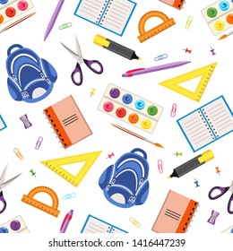 School supplies seamless pattern on white background. Vector illustrations of office stationery supplies kit. Accessories for studying, writing and painting.