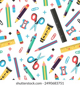 School supplies seamless pattern with scissors, pens, pencils, rulers, paper clips, sharpener and glue. Colorful pattern in flat style. Back to school concept. Isolated on white background.