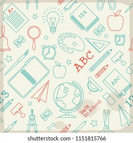 School supplies seamless pattern with sketch elements icons on dotted background vector illustration