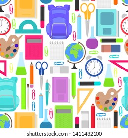 School supplies seamless pattern. Stationery on white background. Vector illustration.
