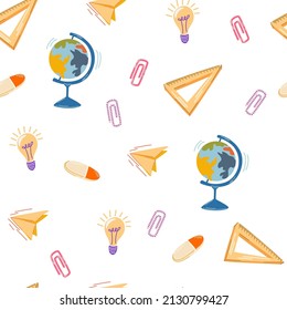 School supplies seamless pattern. Stationery background texture. For Back to School, education wallpaper, flyer, poster, textiles, gift wrapping paper. Vector illustration cartoon