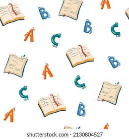 School supplies seamless pattern. Stationery background texture. For Back to School, education wallpaper, flyer, poster, textiles, gift wrapping paper. Vector illustration cartoon
