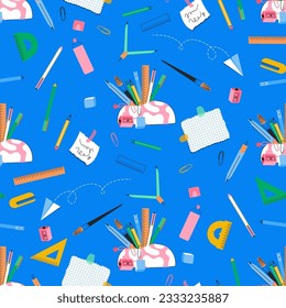 Las escuelas proporcionan un patrón impecable. Papelería, notas, caja de lápiz con herramientas de escritura. Educación, de vuelta al concepto escolar. Ilustración del vector aislada en fondo azul