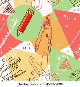 School supplies seamless pattern. Trendy geometric elements memphis cards. Texture, pattern and geometric elements. Back to School. Vector illustration.