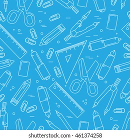 School supplies seamless pattern. Trendy geometric elements memphis cards. Texture, pattern and geometric elements. Back to School. Vector illustration.