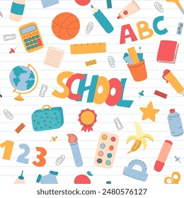 School supplies seamless pattern. Vector background with cute educational elements. School objects, accessories, tools. Office stationery repeating illustration.