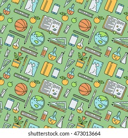 School supplies seamless pattern, vector background. Linear school icons on green