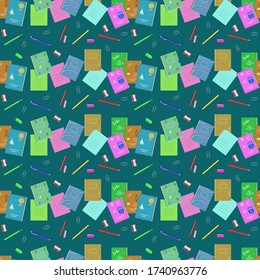 School supplies. Seamless vector pattern for your design, decoration, fabric, Wallpaper. Notebook, textbook, pen