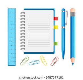 School Supplies Set Back to School. Collection of cartoon Illustrations for Student. Vector Design Elements for Banner, Poster, Website Online Education.