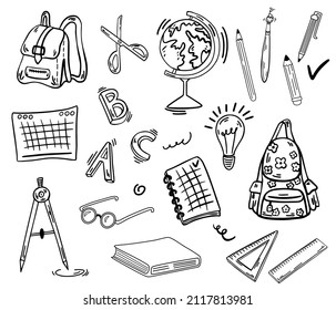 School supplies set. Back to school. Globe, textbooks, pencils, notebooks, letters, compasses and backpacks. Good for wrapping paper and website wallpapers. Hand Drawn Doodle Vector illustration. 