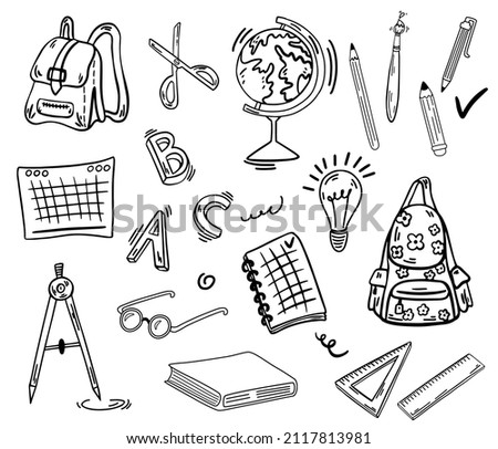 School supplies set. Back to school. Globe, textbooks, pencils, notebooks, letters, compasses and backpacks. Good for wrapping paper and website wallpapers. Hand Drawn Doodle Vector illustration. 