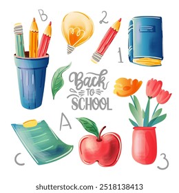 School supplies set. Back to school lettering. Children's subjects. Vector illustration in a watercolor style on a white background