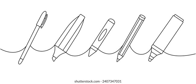 School supplies set. Back to school one line continuous drawing. Marker pens, pencils, chalk pencil, crayons continuous one line illustration.