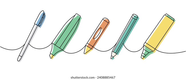Equipo de material escolar. Volver a la escuela un dibujo continuo de una línea de color. Láminas de marcadores, lápices, lápiz de tiza, lápices de colores, ilustración continua de una línea.