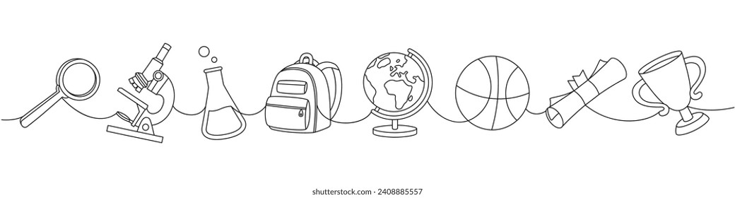 Equipo de material escolar. Volver a la escuela un dibujo continuo de una línea. Mochila, bolso de escuela, globo, baloncesto, lupa, microscopio, tubos de ensayo