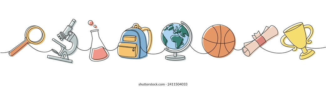 School supplies set. Back to school one line colored continuous drawing. Backpack, schoolbag, globe, basketball ball, magnifying glass, microscope