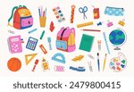 School supplies set. Backpack, book, globe, paints, ruler, pen, pencil, calculator, pencil box, brushes, glue. Vector illustration for study, school, university.