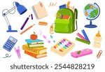 School supplies set. Backpack, book, globe, paints, ruler, pen, pencil, calculator, pencil box, lamp, glue. Vector cartoon illustration for study, school, university.