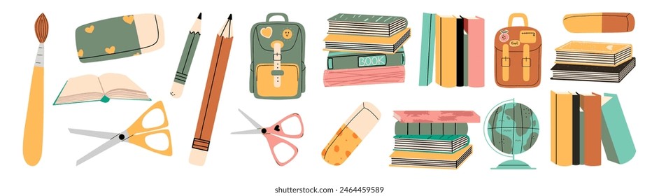 Juego de útiles escolares. Mochila, libro, bolígrafo, tijeras, globo. Los adorables objetos de colores para niños. Ilustración vectorial en estilo de dibujo a mano. 