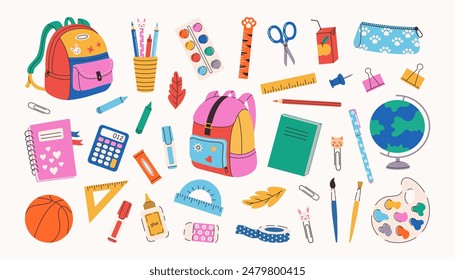 School supplies set. Backpack, book, globe, paints, ruler, pen, pencil, calculator, pencil box, brushes, glue. Vector illustration for study, school, university.