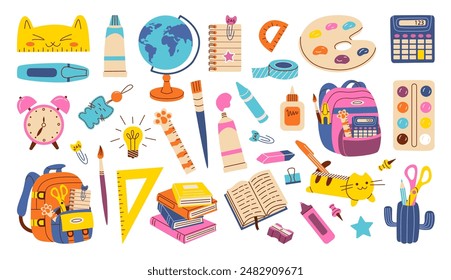 School supplies set. Backpack, book, globe, paints, ruler, pen, pencil, calculator, pencil box, brushes, glue. Vector illustration for study, school, university.