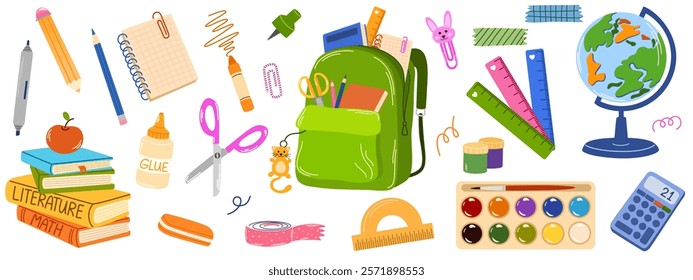 School supplies set. Backpack, book, globe, paints, ruler, pen, pencil, calculator, pencil box, crayon, glue. Vector illustration for study, school, university.