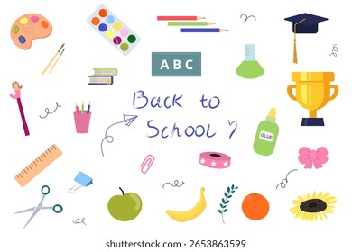 School supplies set. Backpack, book, globe, paints, ruler, pen, pencil, calculator, pencil box, brushes, glue. Vector illustration for study, school, university.