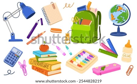 School supplies set. Backpack, book, globe, paints, ruler, pen, pencil, calculator, pencil box, lamp, glue. Vector cartoon illustration for study, school, university.