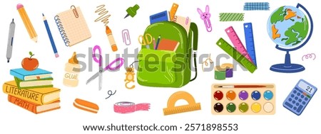 School supplies set. Backpack, book, globe, paints, ruler, pen, pencil, calculator, pencil box, crayon, glue. Vector illustration for study, school, university.