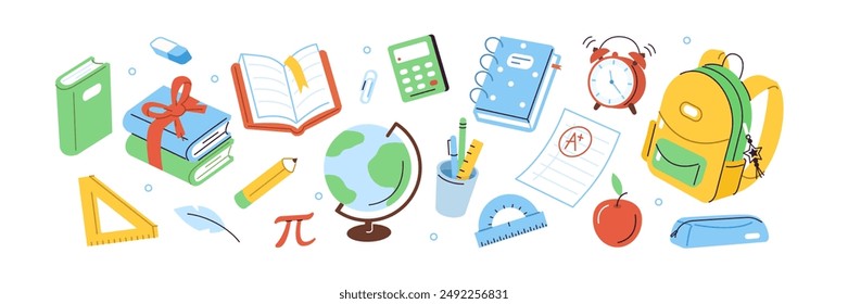 School supplies set. Backpack, books, pens, pencil and other education thinks for kids. Modern cartoon concept. Vector illustration.