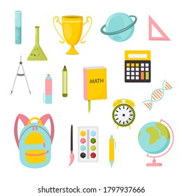 School supplies set with backpack, calculator, book, paints, pen. Vector illustration of learning equipment