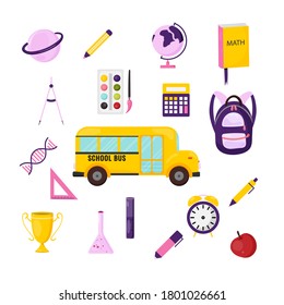 School supplies set with backpack, calculator, book, paints, pen, school bus. Vector illustration of learning equipment