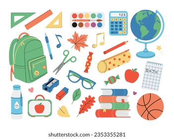 Equipo de material escolar. Mochila, globo, libros, cuaderno, calculadora, pluma, lápiz, pinturas, reglas, tijeras, etc. Estacionería para estudio. Ilustración plana del vector aislada en fondo blanco