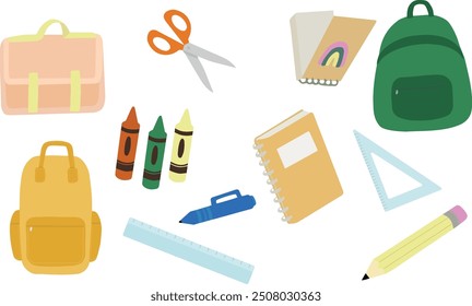 School supplies set: backpack notebook pen scissors pencil ruler triangle pen backpack vector