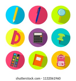 School supplies set with school bag, ruler, calculator, pen, pencils, paints, backpack, etc. Vector illustrations.