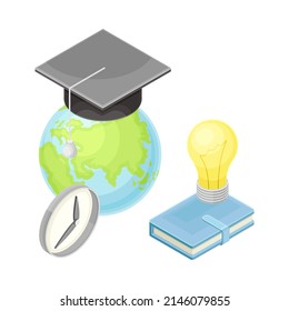 School supplies set. Book, light bulb, graduation cap and globe isometric vector illustration